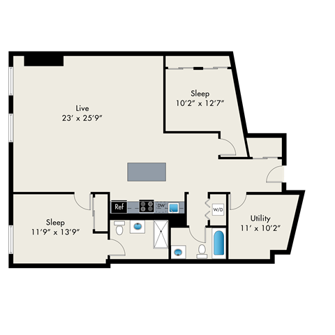 Floor plan for 2 beds, 2 baths, 1573 sqft
